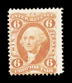 R31c, 6c Proprietary, we have a second mint example that still retains a portion of its original gum, fresh color, minute surface flaws at bottom, fine
appearance.