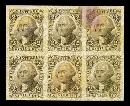 Turner Essay 57-A var., 2c U.S.I.R., plate essay in gray black, with experimental network overprint in green, extremely scarce sheet of six (no selvage), large balanced margins
all around, with a couple light stains caused by the chemicals used t