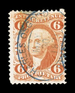 R31c, 6c Proprietary, lovely bright color that is wonderfully contrasted by the blue oval handstamp of Charles Osgood dated May 30, 1871, a few thins, fine appearance one of
the very few examples of the Six Cent Proprietary that exists wi