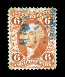 R31c, 6c Proprietary, deep vibrant color, nicely centered, blue handstamped cancel, small faults, very fine appearance colored handstamped cancels are rarely encountered on
this stamp.