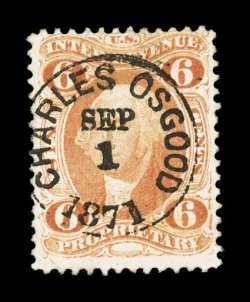R31c, 6c Proprietary, fresh color, cancelled by a sharp Charles Osgood c.d.s. handstamp dated Sep 1, 1871, light central thin spot and a tiny expert repair at bottom right,
fine appearance one of the most attractively cancelled examples of this
