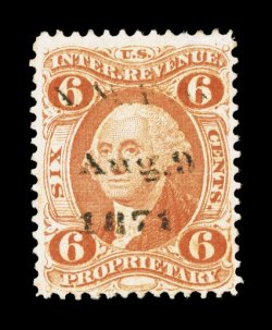 R31c, 6c Proprietary, attractive bright color, nicely centered for this, light A.M.F.G. printed cancel, small repair at top, nearly very fine appearance.