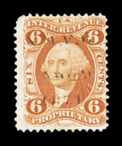 R31c, 6c Proprietary, fresh color, light 1871 A.M.F.G. printed cancel, small thins at top, fine appearance.