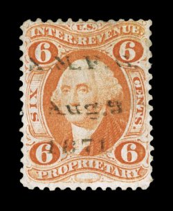 R31c, 6c Proprietary, another example with the 1871 A.F.M.G. printed cancel, small faults including a repaired tear at top right, fine appearance.