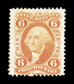R31c, 6c Proprietary, bright color, unusually large margins, faintly cancelled (appears unused), small corner crease and closed tear at top, very fine
appearance.