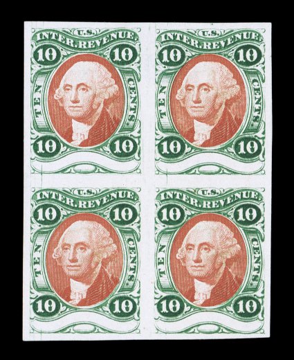 Turner Essay 59A-B, 10c U.S.I.R., plate essays on wove paper, all of the six listed colors including the green and purple on buff, in blocks of four, bright and fresh, large
margins all around, two blocks with a light hinge thin, otherwise very f