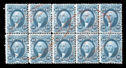 R36c, 10c Inland Exchange, block of ten (5x2), rich color on fresh paper, cancelled by light strikes of large red oval San Francisco handstamps, bottom right stamp with a tear,
otherwise fine.