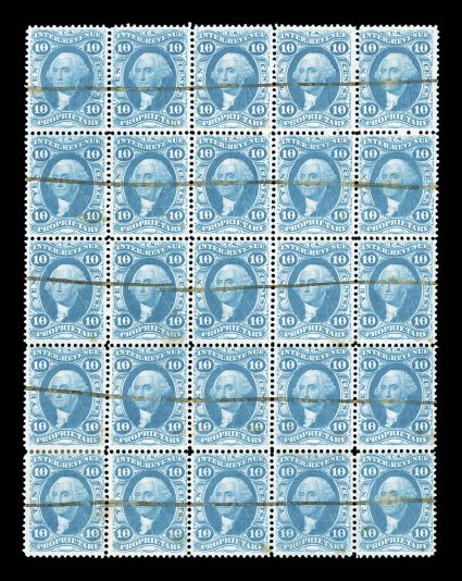 R38c, 10c Proprietary, block of 25 (5x5), gorgeous bright color, horizontal ms. line cancels, a couple light creases, few trivial stains, fine-very fine appearance only two
larger blocks recorded (including the next lot).