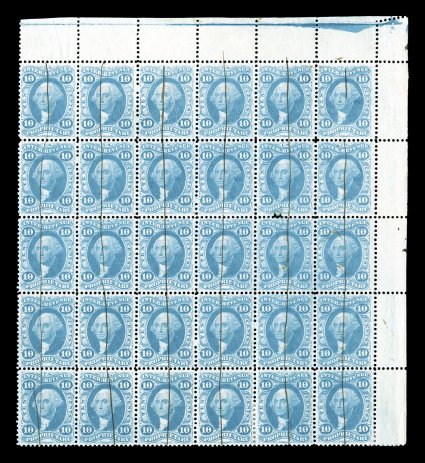 R38c, 10c Proprietary, top right corner margin block of 30 (6x5), nicely centered, especially fresh color in an unusual powder blue shade, light vertical line ms. cancels,
fifth stamp in second row with fault at bottom, some light offset on reve