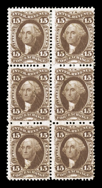R39c, 15c Foreign Exchange, block of six (2x3), deep color, very light ms. cancels, fresh and fine only one larger multiple exists (block of ten on piece).