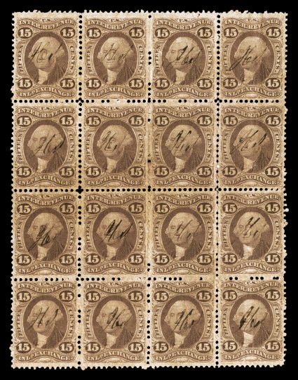 R40c, 15c Inland Exchange, block of sixteen (4x4), well centered, strong color on slightly toned paper, light ms. cancels, couple minor creases, very fine appearance this is
the largest known multiple and the only recorded block of sixteen.