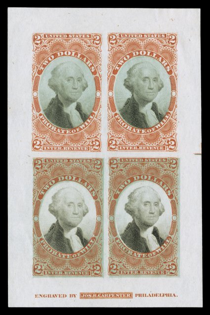 Turner Type XVII, $2.00 Orange Probate of Will plate essay, experimental green overprint of horizontal lines in the top pair vignettes and the bottom pair frames, full sheet
with Carpenter imprint at bottom, slight hinge thin, very fine one of