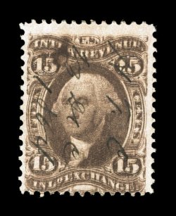 R40ce, 15c Inland Exchange, double impression, two distinct impressions, strong color, light 1864 ms. cancel, pinpoint thin speck, otherwise fine a highly desirable example of
this rare error, as the few other examples we are aware of have majo