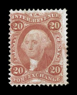 R41c var., 20c Foreign Exchange, double transfer, with clear doubling most prominent in the TWENTY and bottom tablet, rich color, lightly cancelled, fine not listed in
Scott.