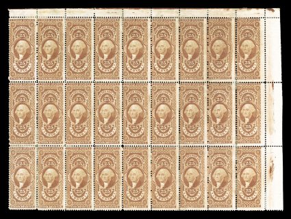 R43c, 25c Bond, unused top right corner margin block of 27 (9x3), rich color, some hinge perf. reinforcing, fine far and away the largest known multiple of this revenue stamp
(next largest being a block of eight).