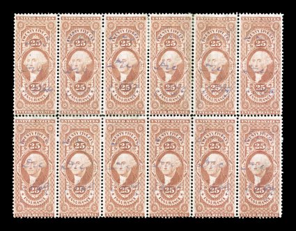 R46c, 25c Insurance, block of twelve (6x2), fresh color, light 1869 violet ms. cancels, some perf. separation at top between fourth and fifth stamps, horizontal crease on top
row, fine appearance the largest recorded off-document multiple.