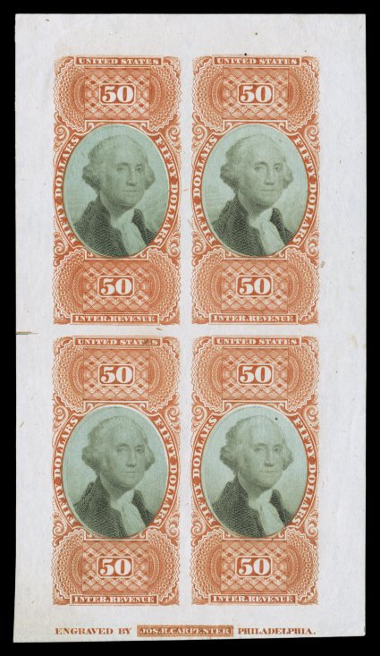 Turner Type XVIII, $50.00 Orange U.S.I.R. plate essay, experimental green overprint of parallel lines, horizontal at top and vertical at bottom, sheet of four with Carpenter
imprint at bottom, brilliant colors, tiny hinge thin of no importance, v