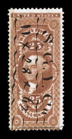 R46ce, 25c Insurance, double impression, two distinct impressions, neatly written 1862 ms. cancel, just a faint trace of an internal crease, otherwise fine a rare and
impressive error.