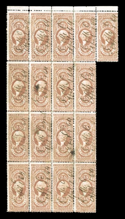 R49c, 25c Protest, top sheet-margin block of seventeen (4x4 plus extra stamp at top right), strong color, 1864 ms. cancels, perf. reinforcements and horizontal creaseswrinkles,
fine appearance easily the largest known multiple, being the onl