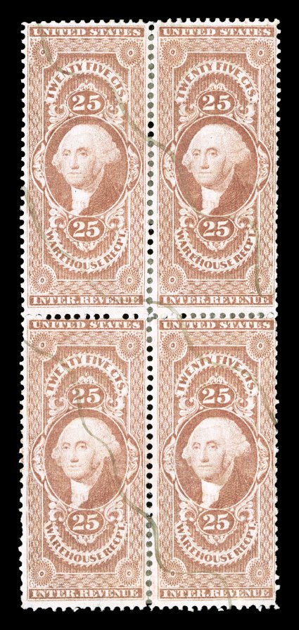 R50c, 25c Warehouse receipt, block of four, fresh color, light ms. cancels, horizontal crease in top two stamps, minor perf. reinforcing, fine appearance.