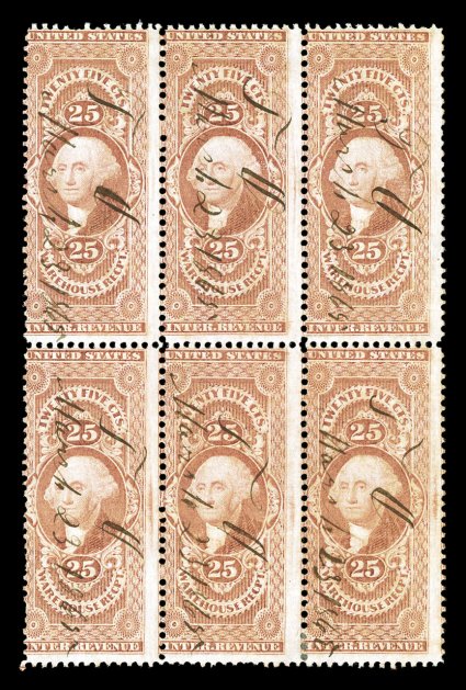 R50c, 25c Warehouse receipt, block of six (3x2), 1865 ms. cancels, light crease in bottom stamps, fine this is the largest recorded multiple and the only one larger than a
block of four.