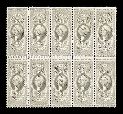 R52c, 30c Inland Exchange, block of ten (5x2), well centered, light 1867 ms. cancels, minor creasing and a few separated perfs., very fine appearance only one larger multiple
is recorded (reconstructed block of fourteen).