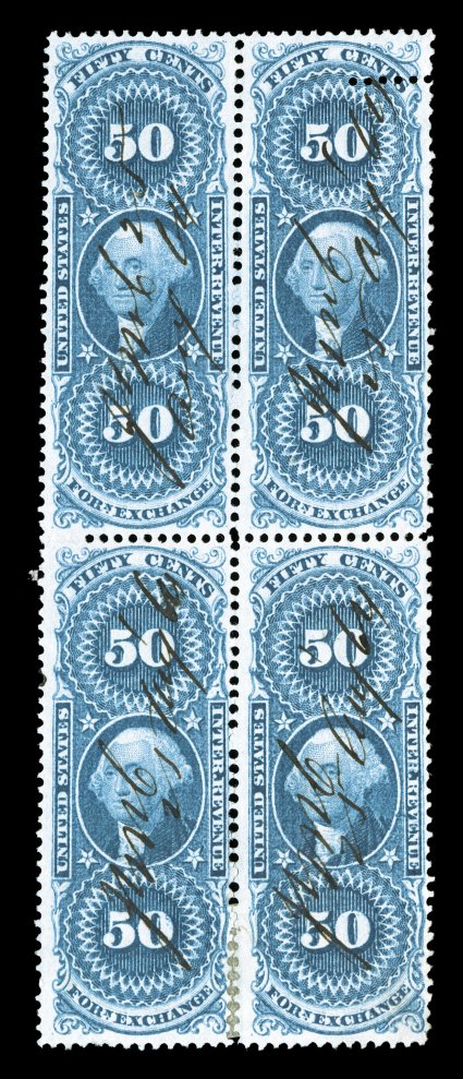 R56c, 50c Foreign Exchange, block of four, with freak horizontal perfs. at top right, strong rich color, 1864 ms. cancels, perf. reinforcements at bottom, fine-very fine
undercataloged in Scott considering only six blocks have been recorded to
