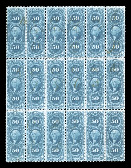 R59c, 50c Mortgage, block of eighteen (6x3), deep color on fresh paper, light ms. cancels, couple minor vertical creases, otherwise very fine only one larger multiple is
known.