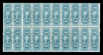 R63c, 50c Surety Bond, block of twenty (10x2), strong rich color, cancelled by light strikes of Norris & Essex R.R. Co railroad c.d.s. handstamps, crisp and intact fine an
especially desirable multiple with the railroad handstamp cancels.