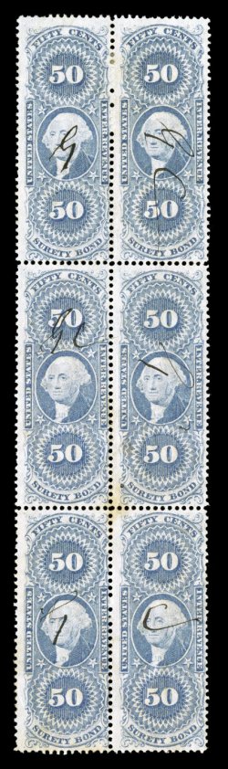 R63ce, 50c Surety Bond, ultramarine, block of six (2x3), light ms. cancels, faint toned spot, otherwise fine-very fine the largest recorded multiple of the ultramarine
shade.