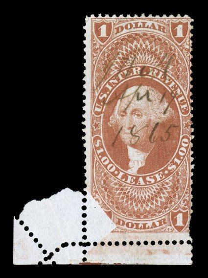 R70c var., $1.00 Lease, foldover, bottom sheet-margin single showing a striking large foldover, causing a portion of the design at bottom left not to be printed, as well as
crazy perforations, 1865 ms. cancel, fine.