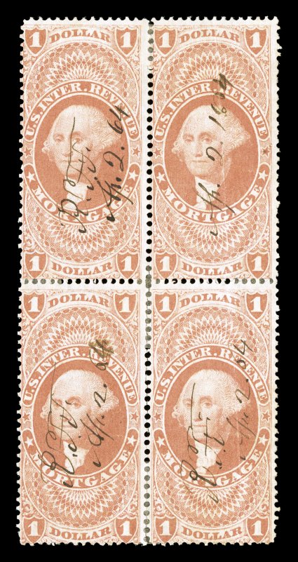 R73c, $1.00 Mortgage, block of four, fresh color, light 1864 ms. cancels, right stamps with vertical crease, some perf. reinforcements, fine appearance the largest recorded
block, being one of only five known.