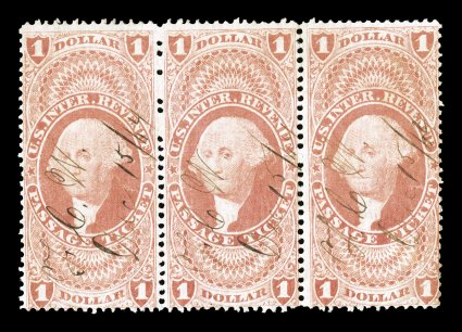 R74c, $1.00 Passage Ticket, scarce horizontal strip of three, 1864 ms. cancels, fine.