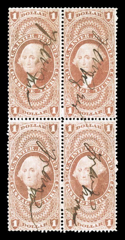 R74c, $1.00 Passage Ticket, block of four, strong color, ms. cancels, faint horizontal crease in the top pair, otherwise fine one of only two recorded blocks of four, which is
the largest size block known.