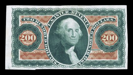 R102E $200.00 Green and orange red U.S.I.R., die essay on India, stamp size die essay that is very close to the printed design but lacks the frame lines around 200 deep intense
colors, shows a strong inverted green offset on reverse, insig