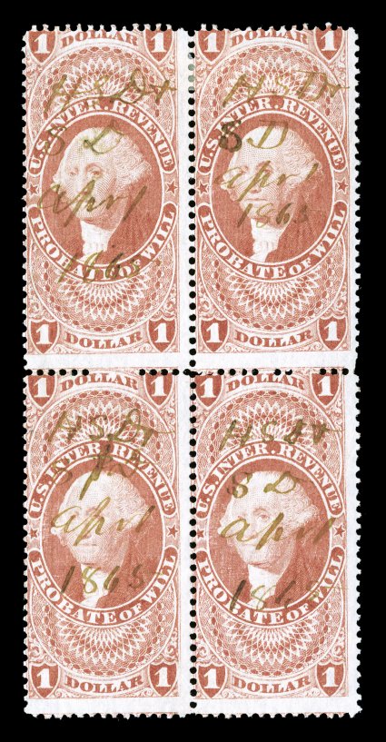 R76c, $1.00 Probate of Will, block of four, rich color, 1865 ms. cancels, minor perf. reinforcements, light vertical crease in left pair, otherwise fine the largest known
multiple of this revenue, being one of only three blocks recorded.