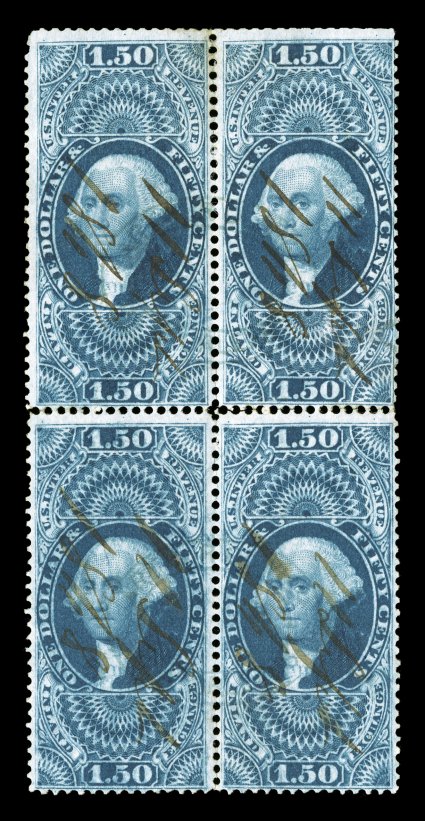 R78c, $1.50 Inland Exchange, block of four, deep color, 1868 ms. cancels, a few reinforced perfs. at right, faint hinge stain at top, fine only six blocks of any size have been
recorded.