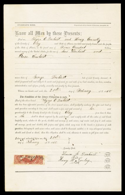 R81ce, $2.00 Conveyance, half used as $1.00, an amazing matched pair of bisects, being the left and right halves of the same stamp, each used on a separate document, one on a
Letters of Guardianship and the other on a Guardianship Bond, both