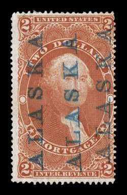 R82c, $2.00 Mortgage, rich color, cancelled with three strikes of blue ALASKA handstamp of the Pacific Mail Steamship Co., very fine strikes especially desirable with three
complete strikes on one stamp.