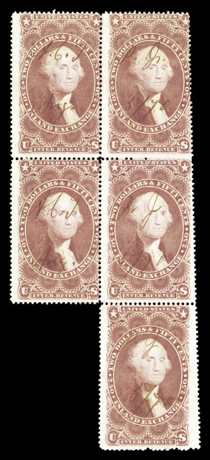 R84d, $2.50 Inland Exchange, silk paper, block of five, strong rich color, ms. 1870 cancels, fine a very scarce multiple, with only one larger block recorded
ex-Turner.