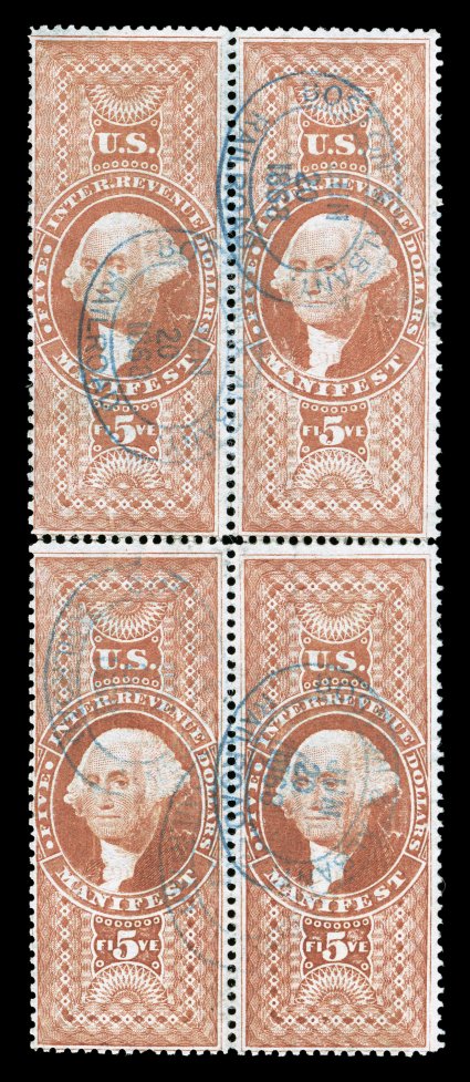R90c, $5.00 Manifest, block of four, brilliantly rich color, light blue 1868 oval handstamped cancels of Boston & Albany Railroad, some perf. separation,
fine.