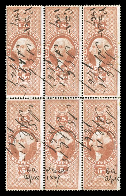 R90c, $5.00 Manifest, block of six (3x2), rich color, 1867 ms. cancel, slight hinge reinforcing, a couple faint toned specks, fine appearance only four blocks of any size of
this stamp are recorded.