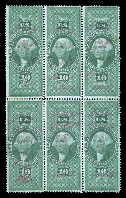 R94c, $10.00 Conveyance, block of six (3x2), fresh color, red 1864 ms. cancels, top stamps with small natural wrinkle and horizontal crease ending in a closed tear at right,
fine-very fine appearance the largest recorded multiple of this