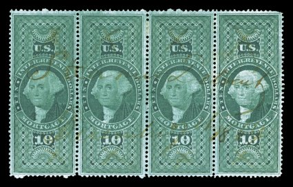 R95c, $10.00 Mortgage, horizontal strip of four, rich color, well centered, 1864 ms. cancel, short perf. at top right, very fine the largest known multiple
ex-Turner.