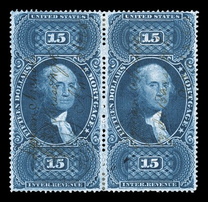 R97c, $15.00 Mortgage, horizontal pair, well centered, deeply rich color and a sharp impression, light ms. cancels, left stamp also with light handstamped cancel, a couple
reinforced perfs. at bottom, very fine an especially handsome pair.