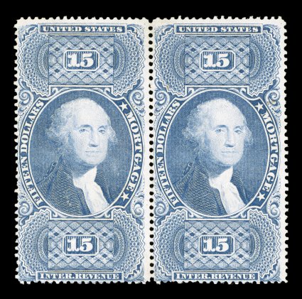 R97ce, $15.00 Mortgage, ultramarine, horizontal pair, strong color, lightened ms. cancel, right stamp with trivial natural inclusion, fine a very scarce
multiple.