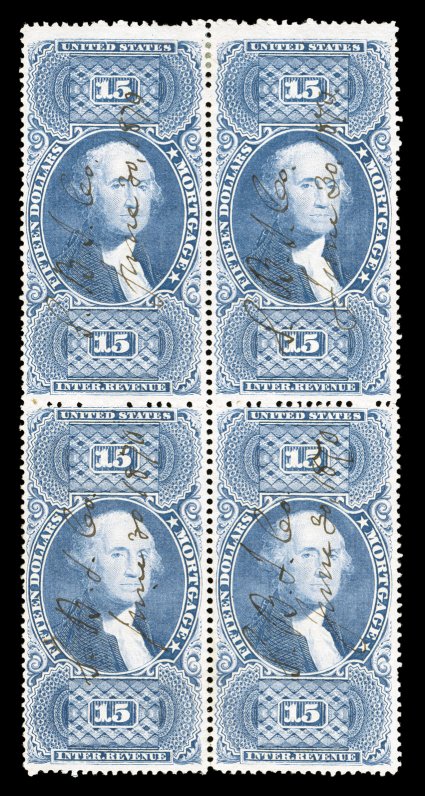 R97ce, $15.00 Mortgage, ultramarine, block of four, bright distinctive color, light 1870 ms. cancels, very fine an important block of the First Issue, not only being the only
recorded block of four and the only multiple larger than a pair,