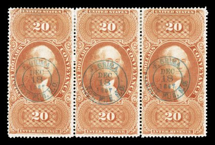 R98c, $20.00 Conveyance, attractive horizontal strip of three, rich bright color, each cancelled with a centrally struck blue 1867 handstamp c..d.s., faint corner bend at
bottom right, fine-very fine.
