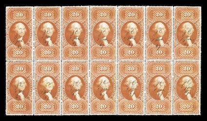 R98c, $20.00 Conveyance, block of fourteen (7x2), lovely rich color, well centered, small 1867 ms. cancels, usual creaseswrinkles, few other minor flaws, very fine appearance
the largest known multiple and the only one larger than a strip of