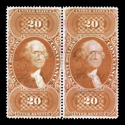 R98d, $20.00 Conveyance, silk paper, a most attractive horizontal pair with several clear silk fibers present, well centered, intense color, light 1870 ms. cancels, right stamp
with trivial internal bend, very fine for some reason Scott gives n